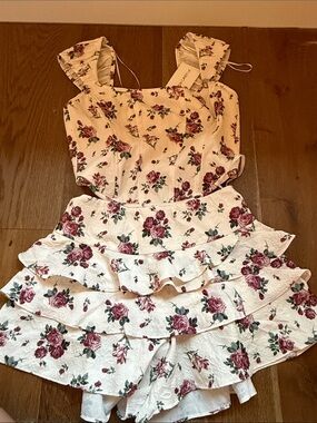 Cotton Candy White Two-Piece Rose Print Ruffle Crop Top & Skirt